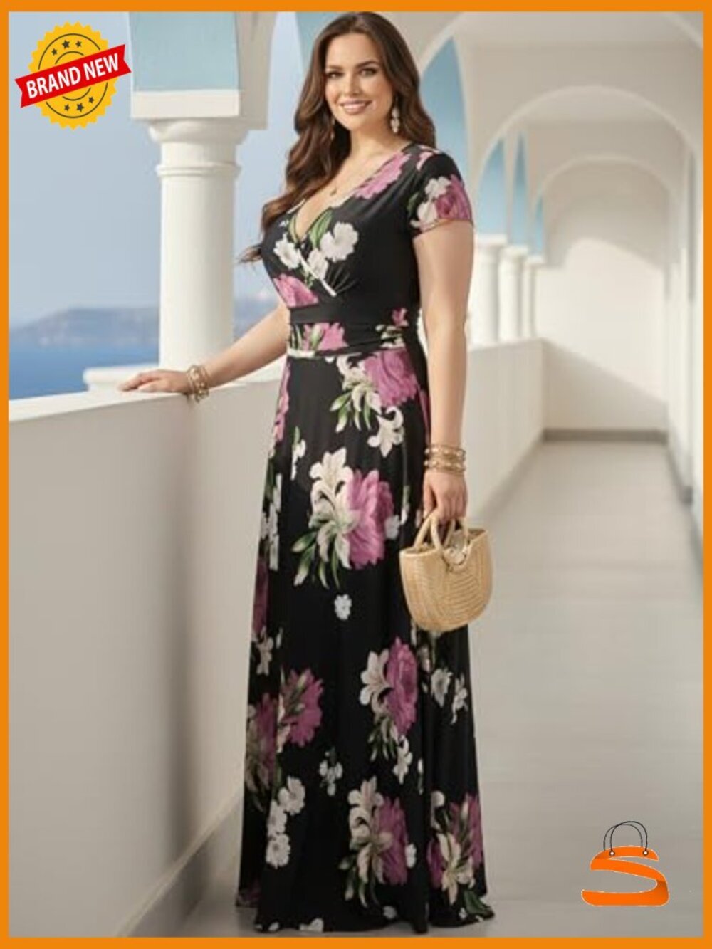 Flowing Floor Length Maxi Dress with Short Sleeves V-Neck Plus Size - Picture 3 of 7